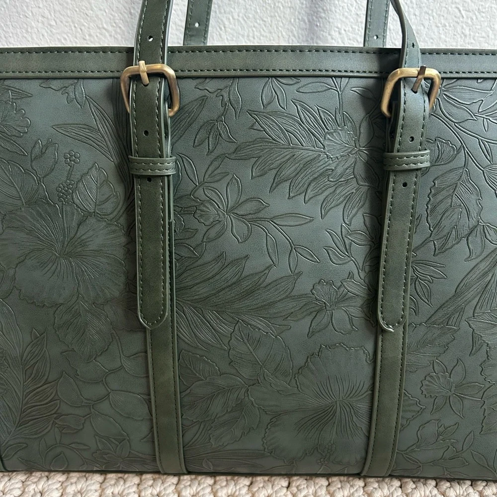 Leather Style Embossed Floral Forest Green Women's Tote Bag - Picture 5 of 15